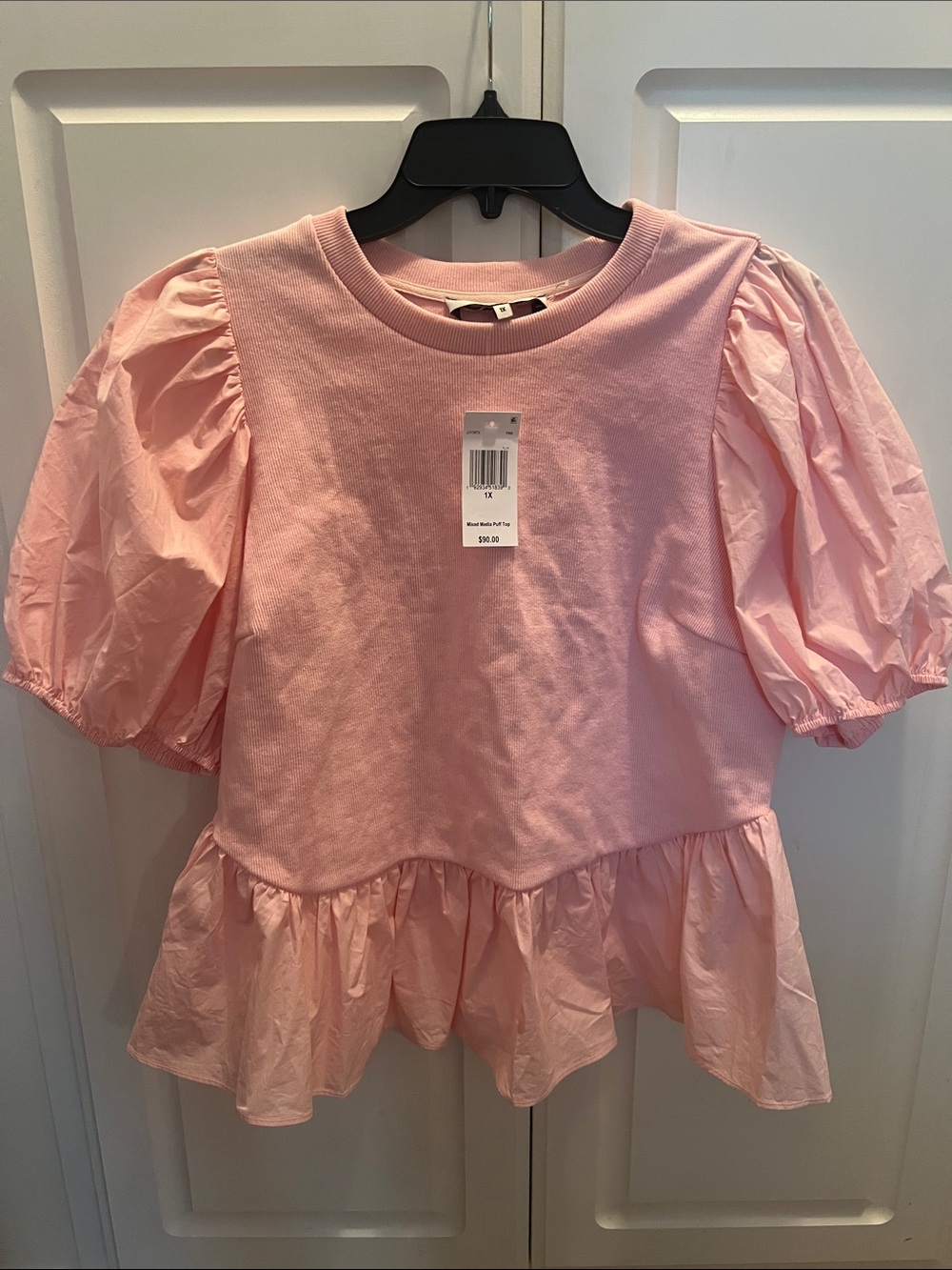 English Factory Light Pink Mixed Media Puff Sleeve Peplum Top